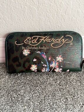 Ed Hardy Green Zip-Around Wallet with Gold Logo